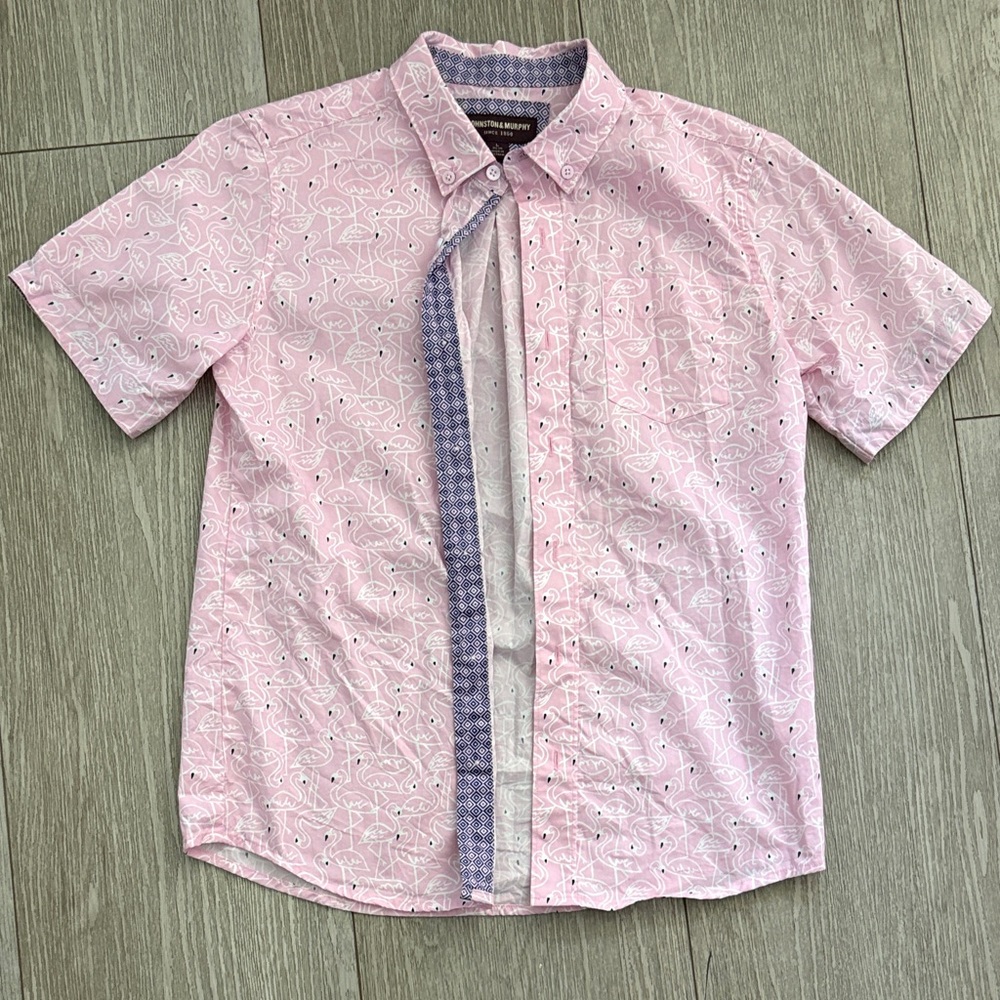 Boys Johnston & Murphy Pink Short-Sleeve Button-Down with Subtle Print 12/14